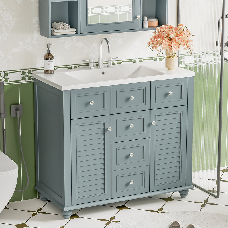 Charlton Home 36 Bathroom Vanity Cabinet with Resin Sink Vanity with 2 Drawers Solid Wood Frame Bathroom Cabinet Wayfair